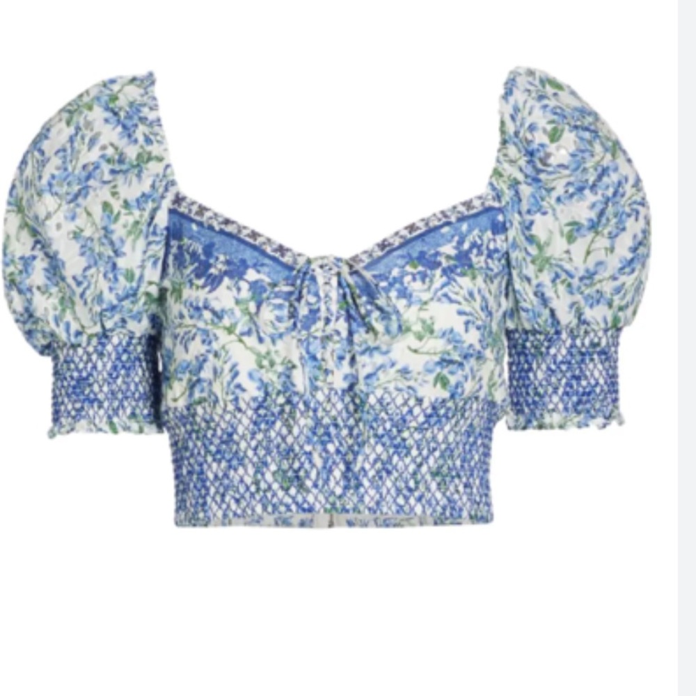 Alice and Olivia Crawford Blue and White Sweetheart Puff Sleeve Crop Top